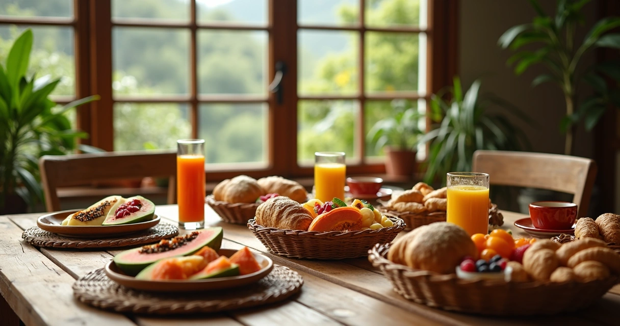 Mesa de café da manhã em pousada com frutas frescas, pães variados, sucos naturais e ambiente rústico aconchegante em Sana