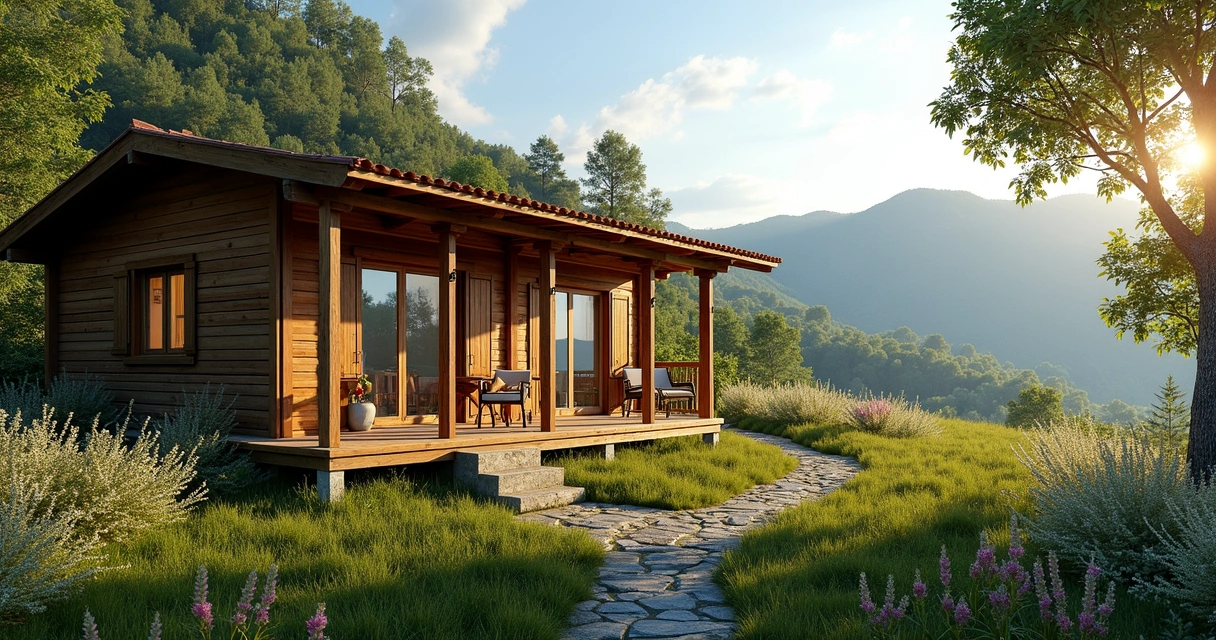 Chalé rústico em São Pedro da Serra rodeado por vegetação verde e montanhas ao fundo