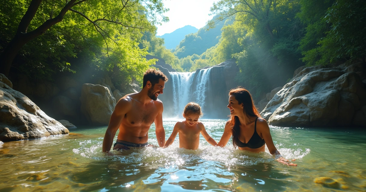 Família aproveitando uma cachoeira em Lumiar com natureza exuberante ao redor