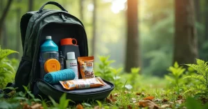 Mochila aberta com itens essenciais para trilha e cachoeira, ao ar livre em área verde