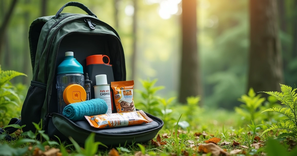 Mochila aberta com itens essenciais para trilha e cachoeira, ao ar livre em área verde